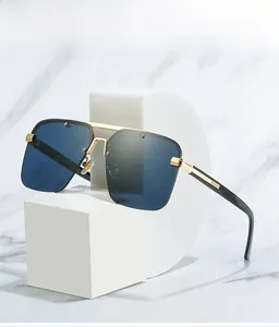 Detail showing oversized square gold metal double bridge frames with blue gradient lenses