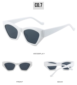 Detailed views of white cat-eye sunglasses with thick frames and dark lenses