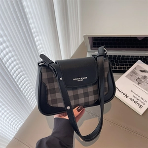 Fashionable black and grey checkered underarm bag with leather trim for daily commuting
