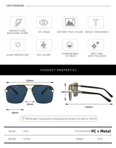 Detailed size specifications for pilot sunglasses featuring 143mm frame and PC metal material