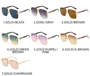 Flat lay of rimless square sunglasses in seven diverse gradient lens color options