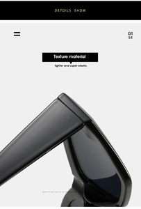 Detail showing high-gloss black cat eye sunglasses frame with premium texture and hinge
