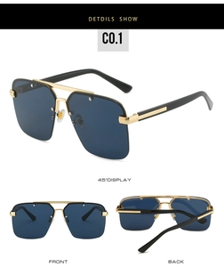 Detail view of square sunglasses with navy blue lenses and golden double bridge