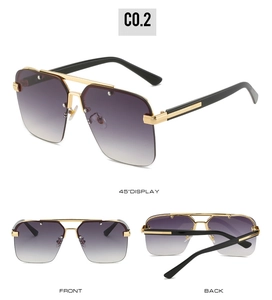 Detailed multi-angle view of oversized square sunglasses with purple gradient lenses