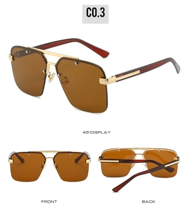 Three-angle view of oversized square gold sunglasses with brown lenses and red-brown temples