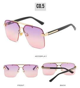 Three views of square double bridge sunglasses with gradient purple lenses and gold frames