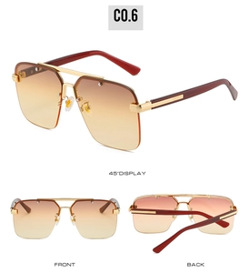 Three views of square metal sunglasses with double bridge and gradient brown lenses