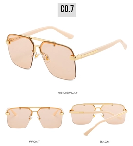 Detailed views of gold aviator sunglasses with champagne lenses from three angles