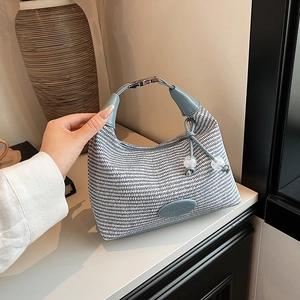 Minimalist light blue woven handbag for women featuring a stylish dumpling shape and leather handle