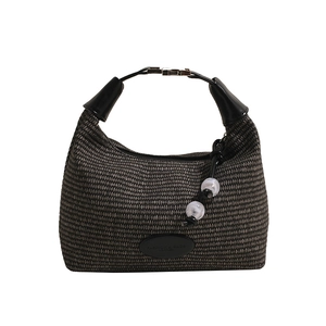 Minimalist woven dumpling bag in dark grey and beige with black top handle and silver buckle