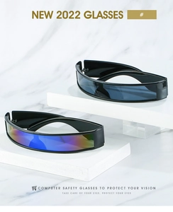 Close-up of futuristic shield sunglasses with oversized lenses on premium display