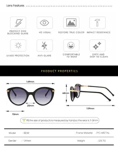 Detailed size chart for cat eye sunglasses with frame and lens measurements
