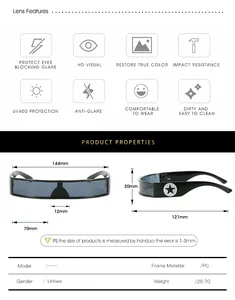 Size chart showing PC frame dimensions and specs for futuristic wrap sunglasses