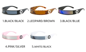 Multiple color options of wrap-around futuristic sunglasses with star logo on temples