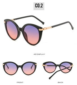 Three-view layout of cat-eye sunglasses with black frame and purple-orange gradient lenses