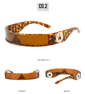 Detail view of leopard print wrap-around sunglasses with orange lenses and star accents