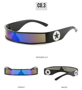 Detail view of futuristic wrap-around sunglasses with mirror lenses and star logo temple