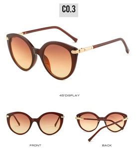 Detailed views of women's cat eye sunglasses with brown frames and gold metal accents