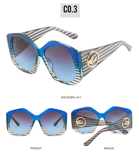 Vues détaillées de lunettes de soleil losanges avec monture dégradée bleue et logos dorés