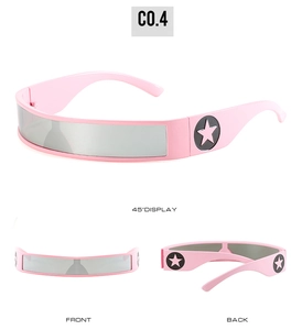 Macro detail of futuristic pink sunglasses with silver mirror lenses and star patterns