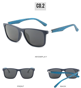 Drei-Wege-Ansicht der polarisierten Sonnenbrille mit blauer Holzmaserung und Gläsern