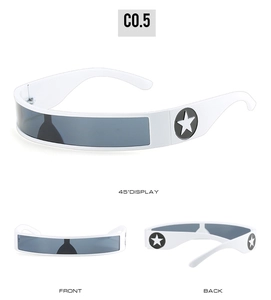 Three-angle view of futuristic white wrap-around sunglasses with star-patterned temples