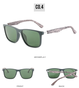 Polarisierte Sonnenbrille mit Holzmaserung und dunkelgrünen Gläsern in der Mehrwinkelansicht