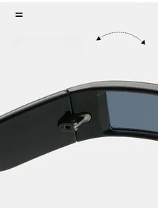 Detail shot of the durable metal hinge on these futuristic wrap-around sunglasses