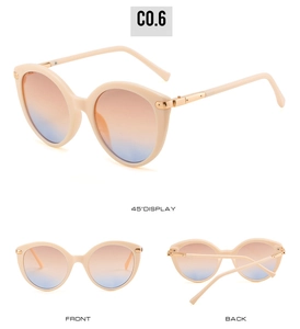 Detailed multi-angle views of cream cat-eye sunglasses with gradient orange-blue lenses