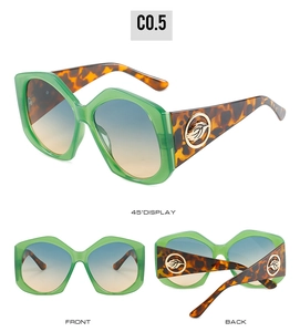 Vue détaillée de lunettes de soleil hexagonales avec monture verte et verres dégradés