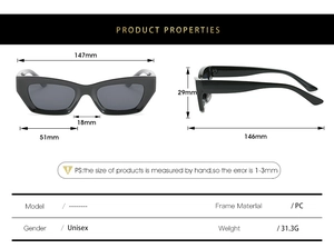 Tableau des tailles détaillé pour lunettes œil de chat, largeur 147mm et hauteur 29mm