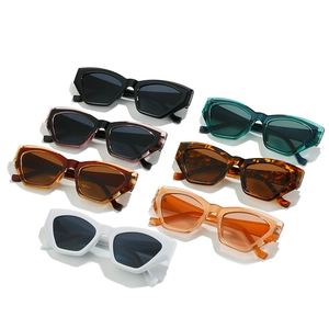 Group display of seven geometric cat eye sunglasses in assorted trendy colors