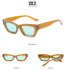 Présentation en trois vues de lunettes de soleil œil-de-chat ambre avec verres verts