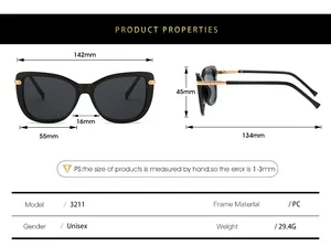 Detailed sizing chart and specifications for cat eye sunglasses with PC frame measurements