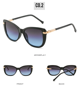 Three-angle display of black cat eye sunglasses with blue-purple gradient lenses