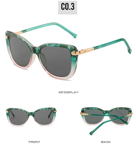 Three views of cat-eye sunglasses featuring green gradient frames and marble patterns