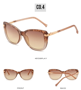 Three-angle view of cat-eye sunglasses with tortoise shell frames and gradient lenses