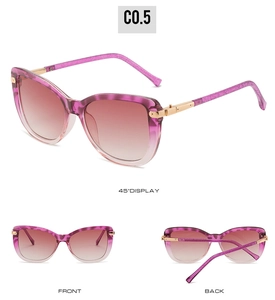 Three-angle views of cat eye sunglasses with purple gradient lenses and gold accents