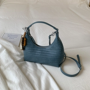 Women Woven PU Leather Underarm Bag Fashion Crescent Hobo Bag With Beaded Tassel Charm Retro Street Trend Shoulder Bag