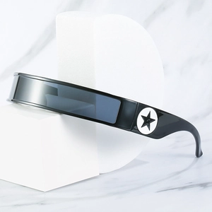 Futuristic one-piece shield sunglasses with black frames and star logo on white marble
