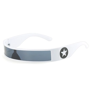 Futuristic white frame shield sunglasses with grey mono lens and star emblem detail