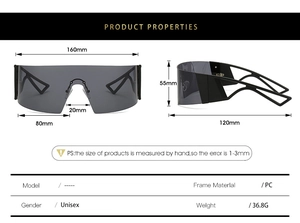 Detailed technical diagram showing dimensions and specs of cyberpunk oversized sunglasses