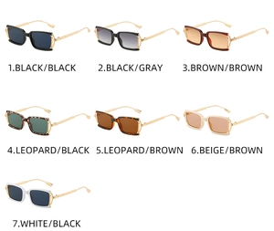 Detailed grid view of seven retro square sunglasses in various colors with metal temples