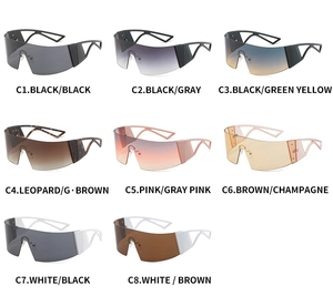 Detailed grid of oversized cyberpunk visor sunglasses in various futuristic colors