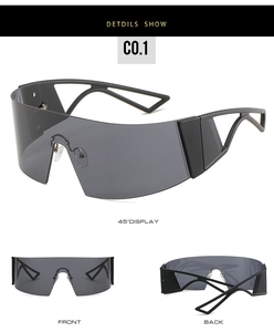 Macro detail of futuristic cyberpunk wraparound sunglasses with geometric hollow temples