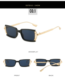Detailed views of square frame sunglasses with blue lenses and gold metal accents