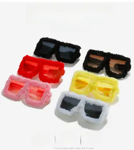 Fuzzy faux fur cat eye sunglasses shown in six vibrant colors on white background
