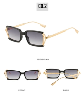 Multiple views of square sunglasses with gold metal temples and gray gradient lenses
