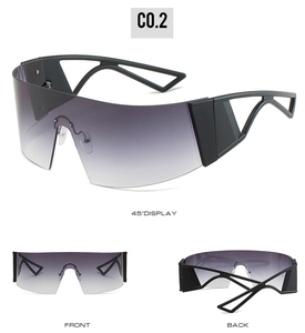 Detailed multi-angle view of futuristic oversized cyberpunk wrap-around sunglasses