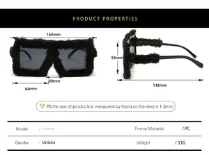 Size chart for black plush cat eye sunglasses with detailed frame measurements in mm